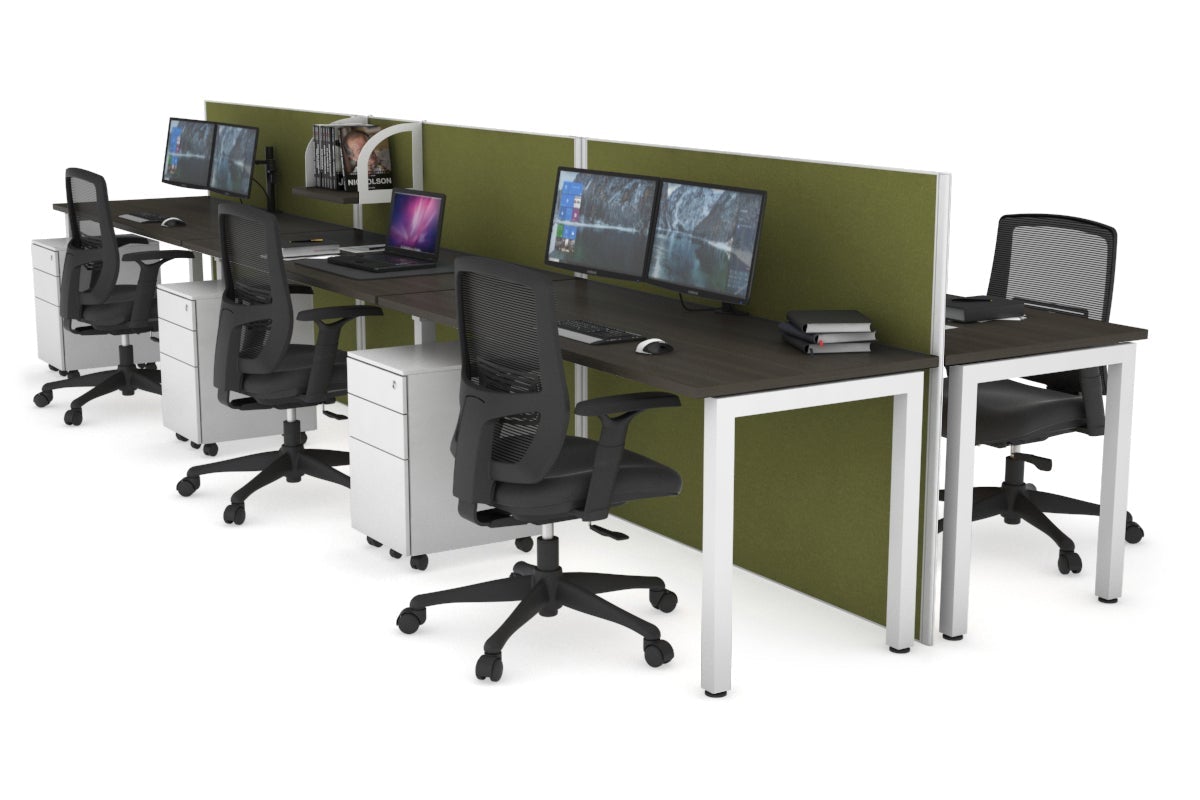 Horizon Quadro 6p Bench Square Leg Office Workstation [1400L x 700W] Jasonl white leg dark oak green moss (1200H x 4200W)