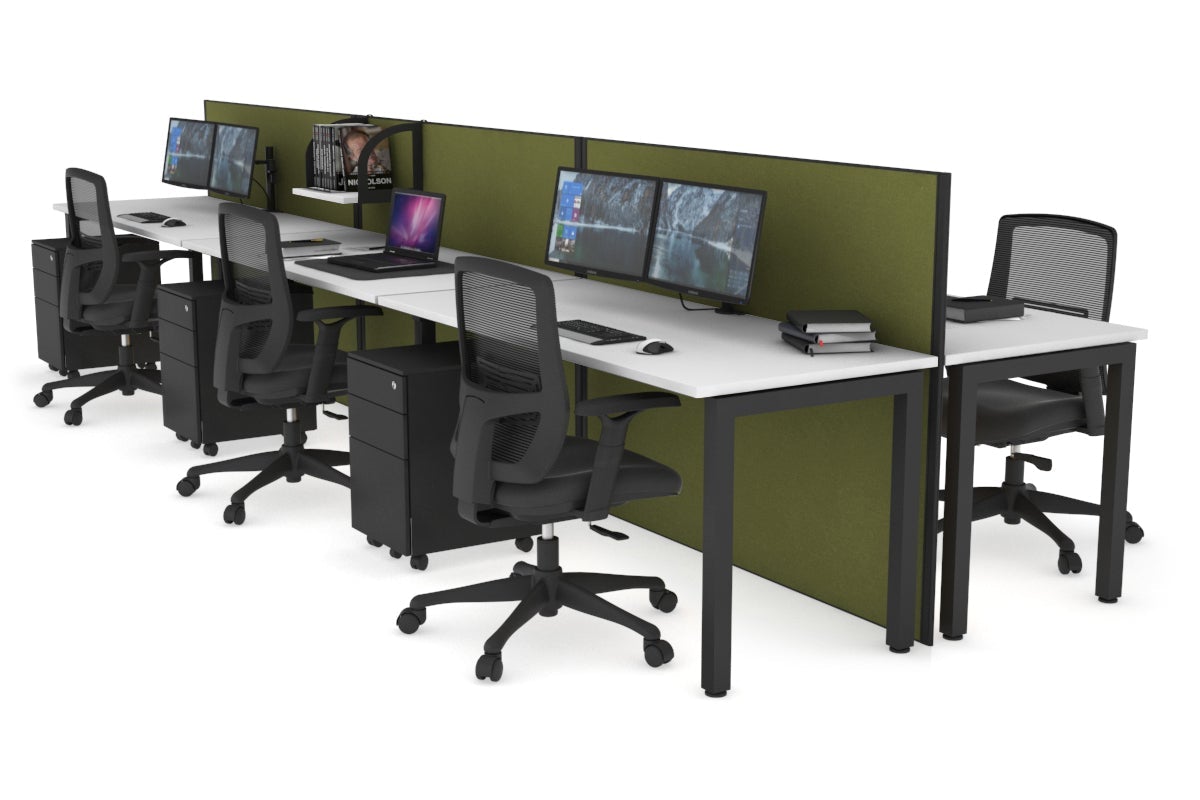 Horizon Quadro 6p Bench Square Leg Office Workstation [1400L x 700W] Jasonl black leg white green moss (1200H x 4200W)