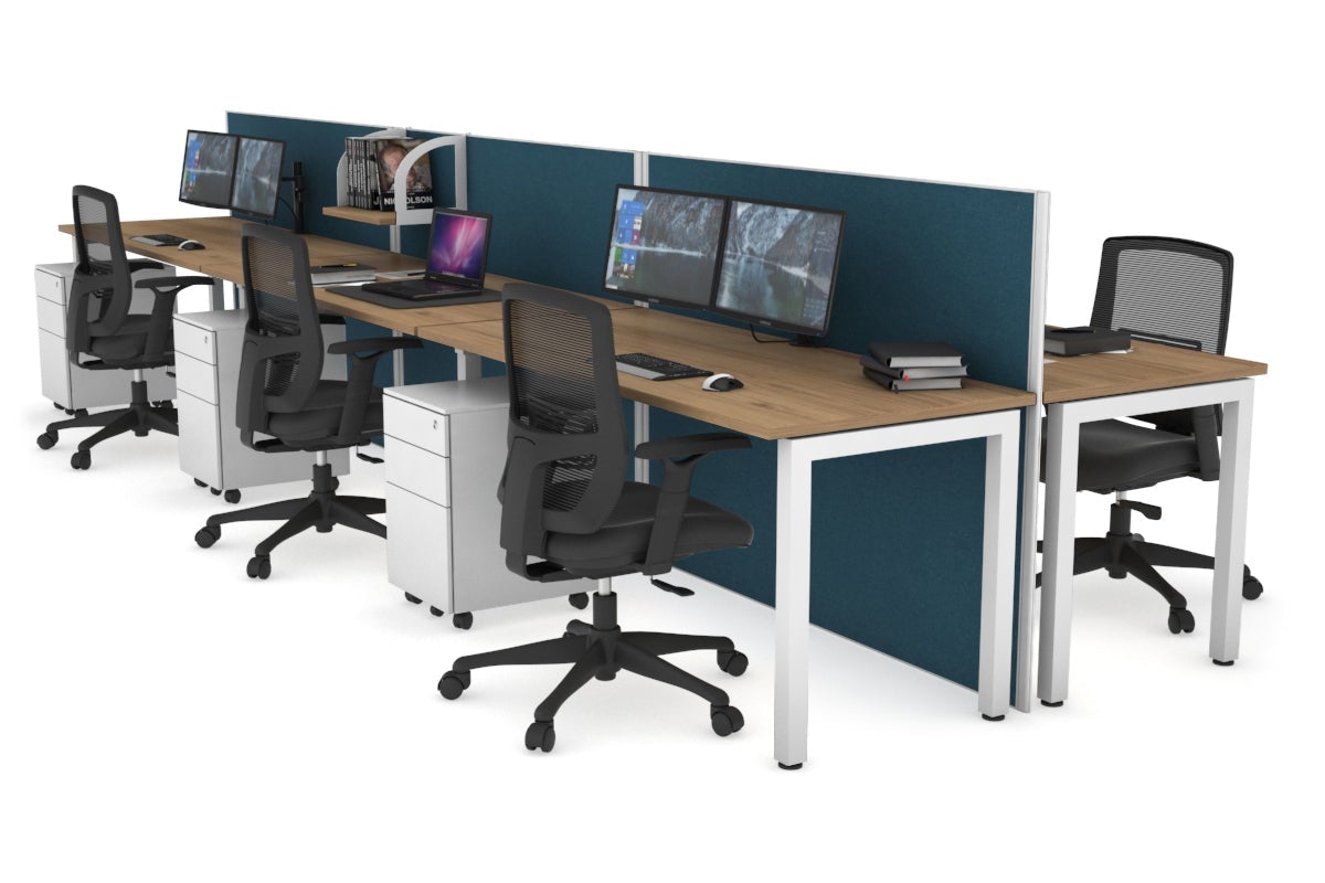 Horizon Quadro 6p Bench Square Leg Office Workstation [1800L x 700W] Jasonl white leg salvage oak deep blue (1200H x 5400W)