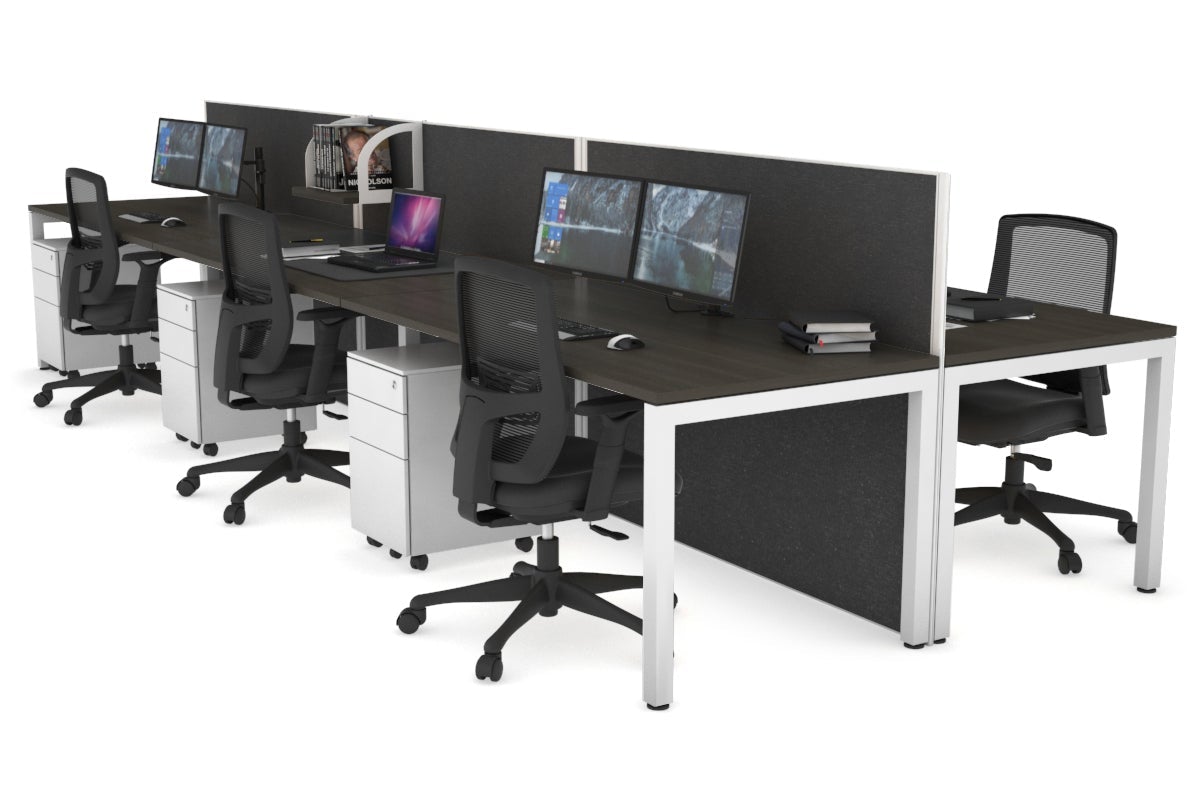 Horizon Quadro 6p Bench Square Leg Office Workstation [1800L x 800W with Cable Scallop] Jasonl white leg dark oak moody charcoal (1200H x 5400W)
