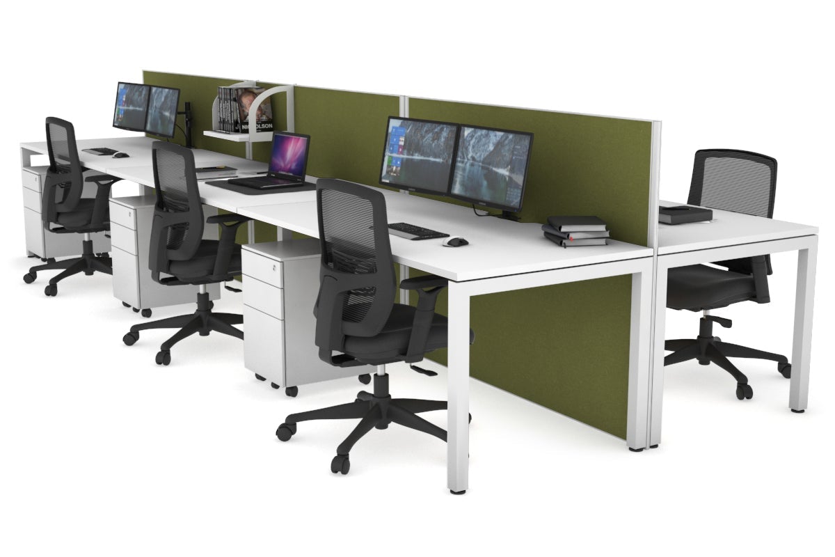 Horizon Quadro 6p Bench Square Leg Office Workstation [1800L x 800W with Cable Scallop] Jasonl white leg white green moss (1200H x 5400W)