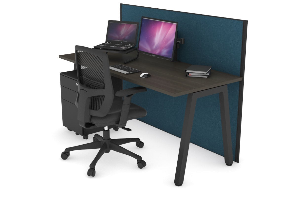 Horizon Quadro A Leg Office Desk [1200L x 700W] Jasonl black leg dark oak deep blue (1200H x 1200W)