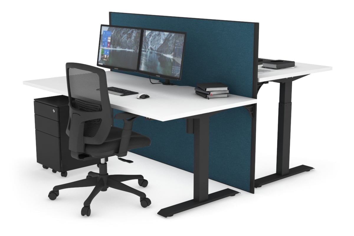Just Right Height Adjustable 2 Person Bench Workstation [1200L x 800W with Cable Scallop] Jasonl black leg white deep blue (1200H x 1200W)