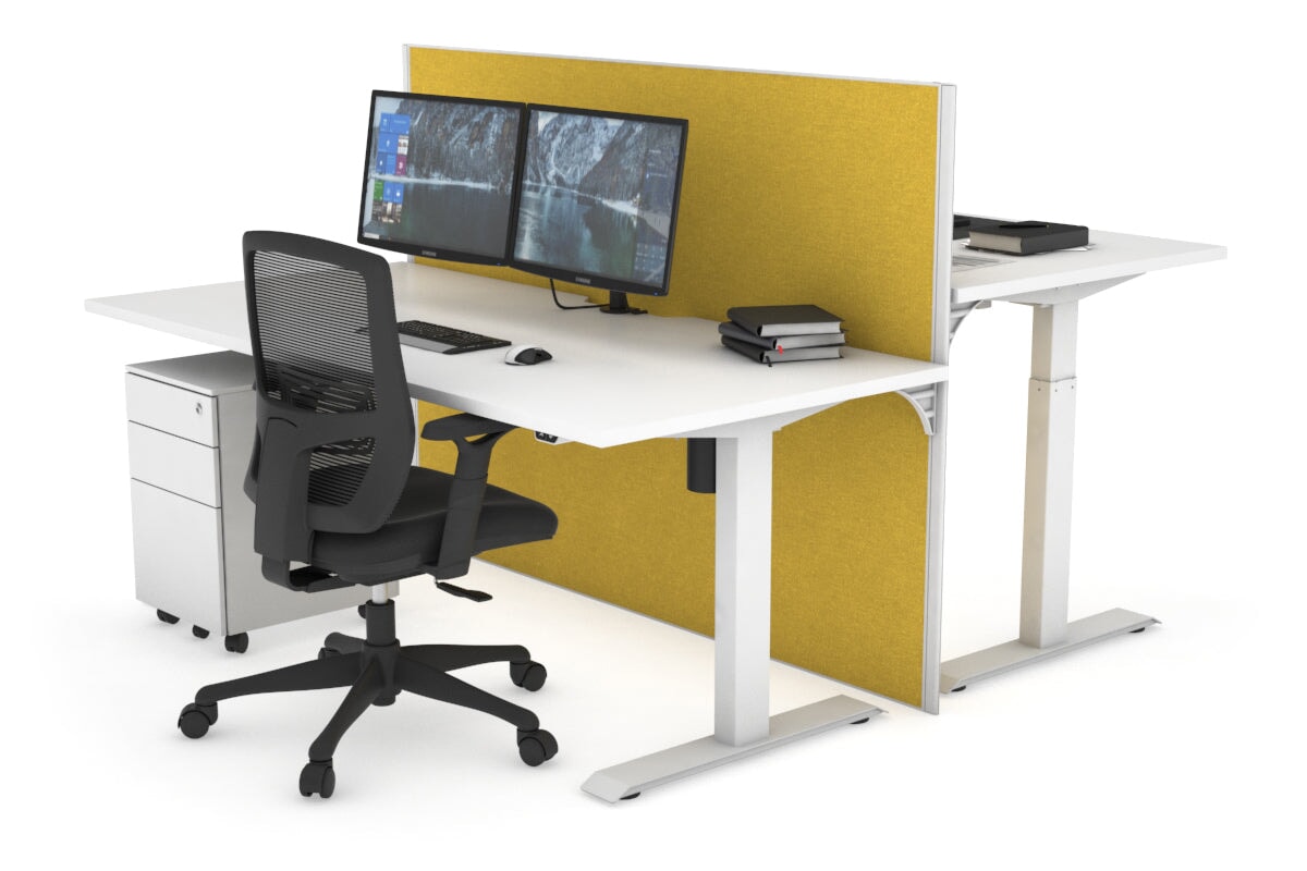 Just Right Height Adjustable 2 Person Bench Workstation [1200L x 800W with Cable Scallop] Jasonl white leg white mustard yellow (1200H x 1200W)