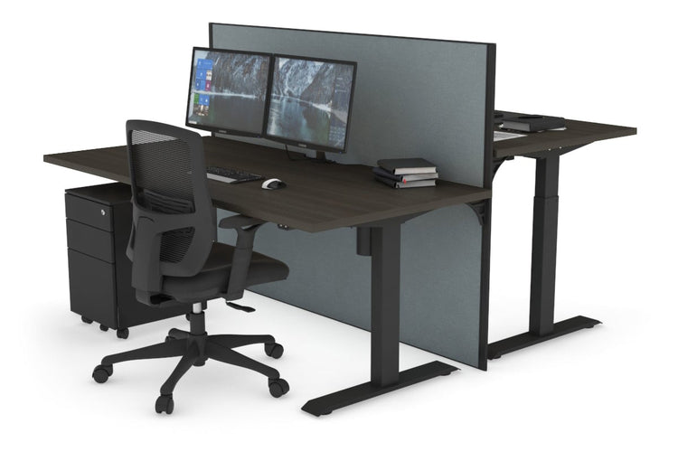 Just Right Height Adjustable 2 Person Bench Workstation [1200L x 800W with Cable Scallop] Jasonl black leg dark oak cool grey (1200H x 1200W)