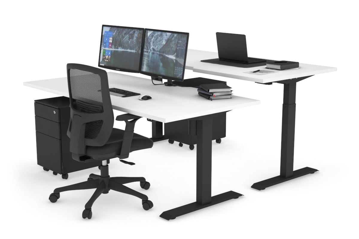 Just Right Height Adjustable 2 Person Bench Workstation [1200L x 800W with Cable Scallop] Jasonl black leg white none