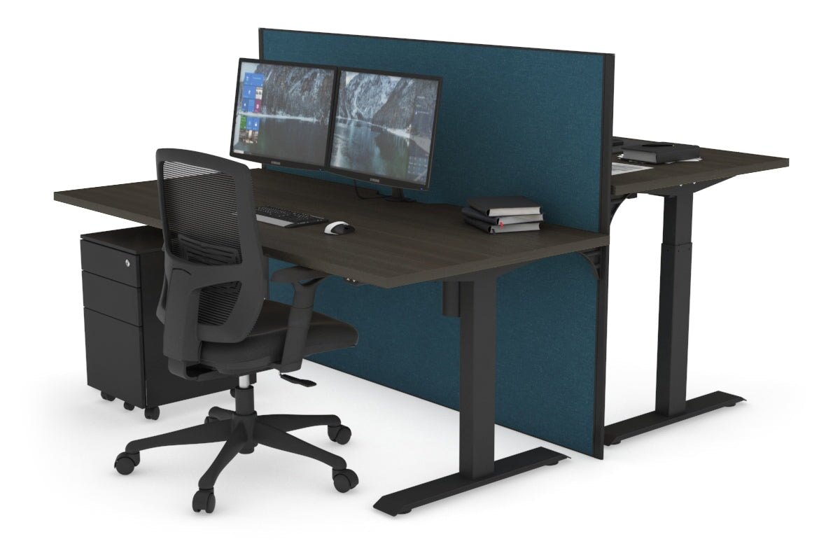 Just Right Height Adjustable 2 Person Bench Workstation [1200L x 800W with Cable Scallop] Jasonl black leg dark oak deep blue (1200H x 1200W)