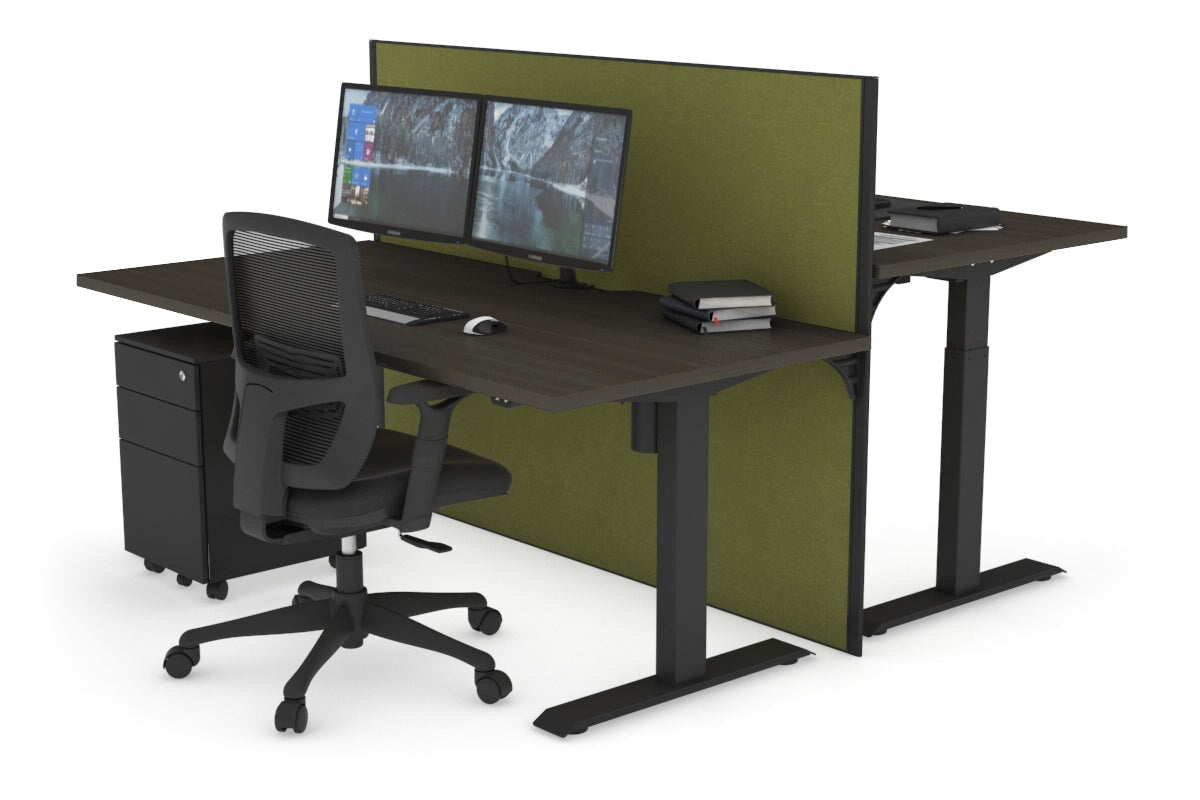 Just Right Height Adjustable 2 Person Bench Workstation [1200L x 800W with Cable Scallop] Jasonl black leg dark oak green moss (1200H x 1200W)