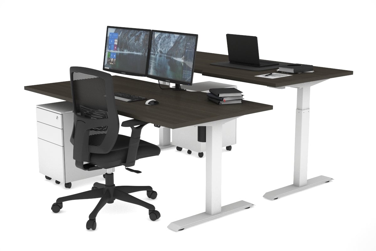 Just Right Height Adjustable 2 Person Bench Workstation [1200L x 800W with Cable Scallop] Jasonl white leg dark oak none