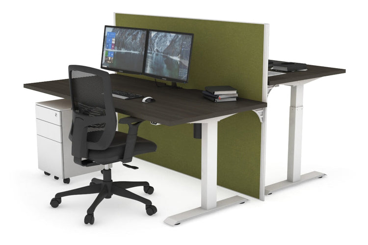 Just Right Height Adjustable 2 Person Bench Workstation [1200L x 800W with Cable Scallop] Jasonl white leg dark oak green moss (1200H x 1200W)
