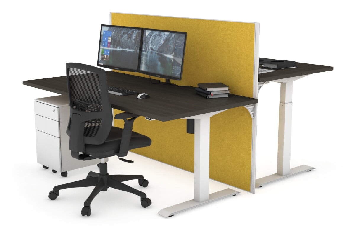 Just Right Height Adjustable 2 Person Bench Workstation [1200L x 800W with Cable Scallop] Jasonl white leg dark oak mustard yellow (1200H x 1200W)