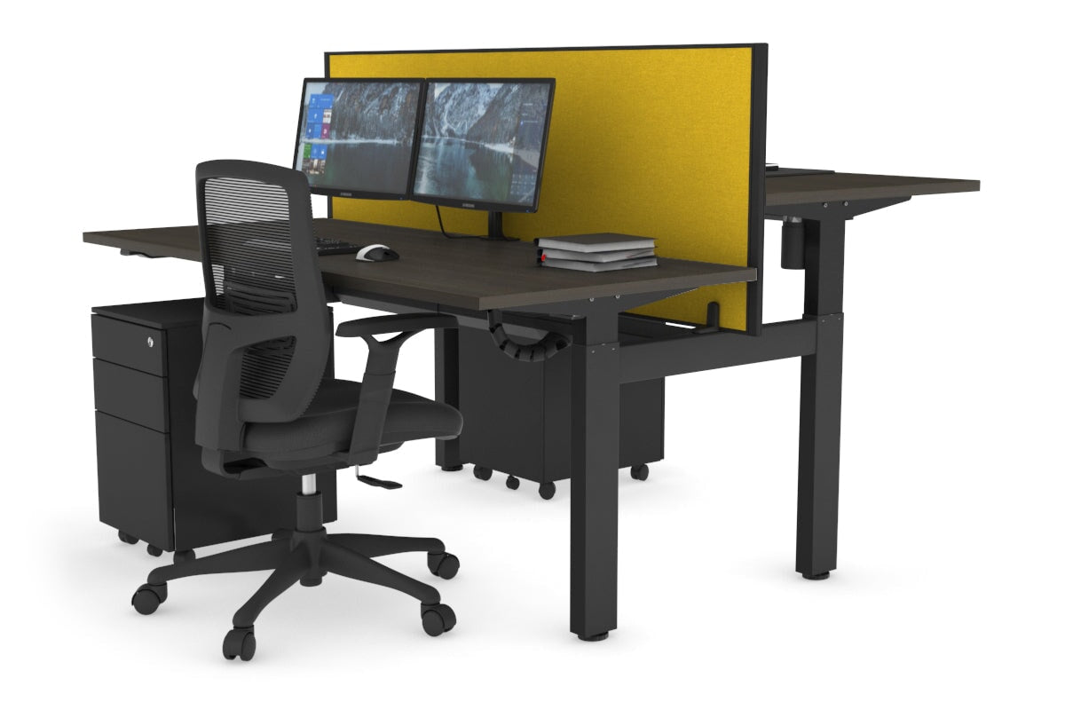 Just Right Height Adjustable 2 Person H-Bench Workstation - Black Frame [1200L x 700W] Jasonl dark oak mustard yellow (820H x 1200W) black cable tray