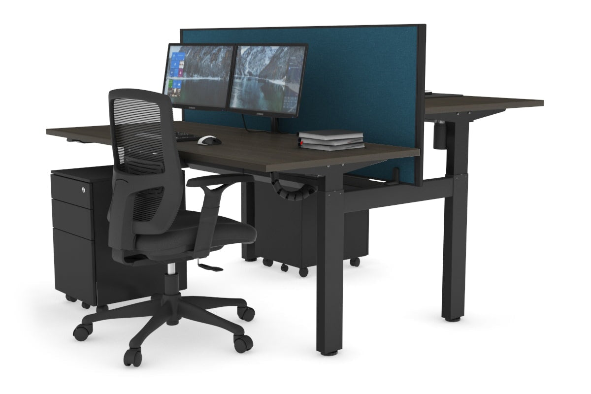 Just Right Height Adjustable 2 Person H-Bench Workstation - Black Frame [1200L x 700W] Jasonl dark oak deep blue (820H x 1200W) black cable tray