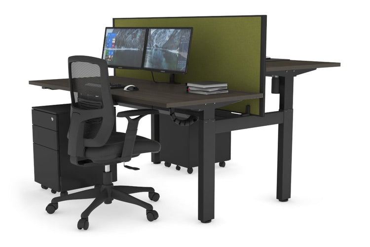 Just Right Height Adjustable 2 Person H-Bench Workstation - Black Frame [1200L x 700W] Jasonl dark oak green moss (820H x 1200W) black cable tray