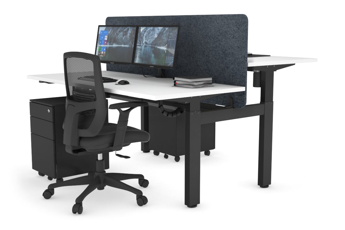 Just Right Height Adjustable 2 Person H-Bench Workstation - Black Frame [1200L x 700W] Jasonl white dark grey echo panel (820H x 1200W) black cable tray