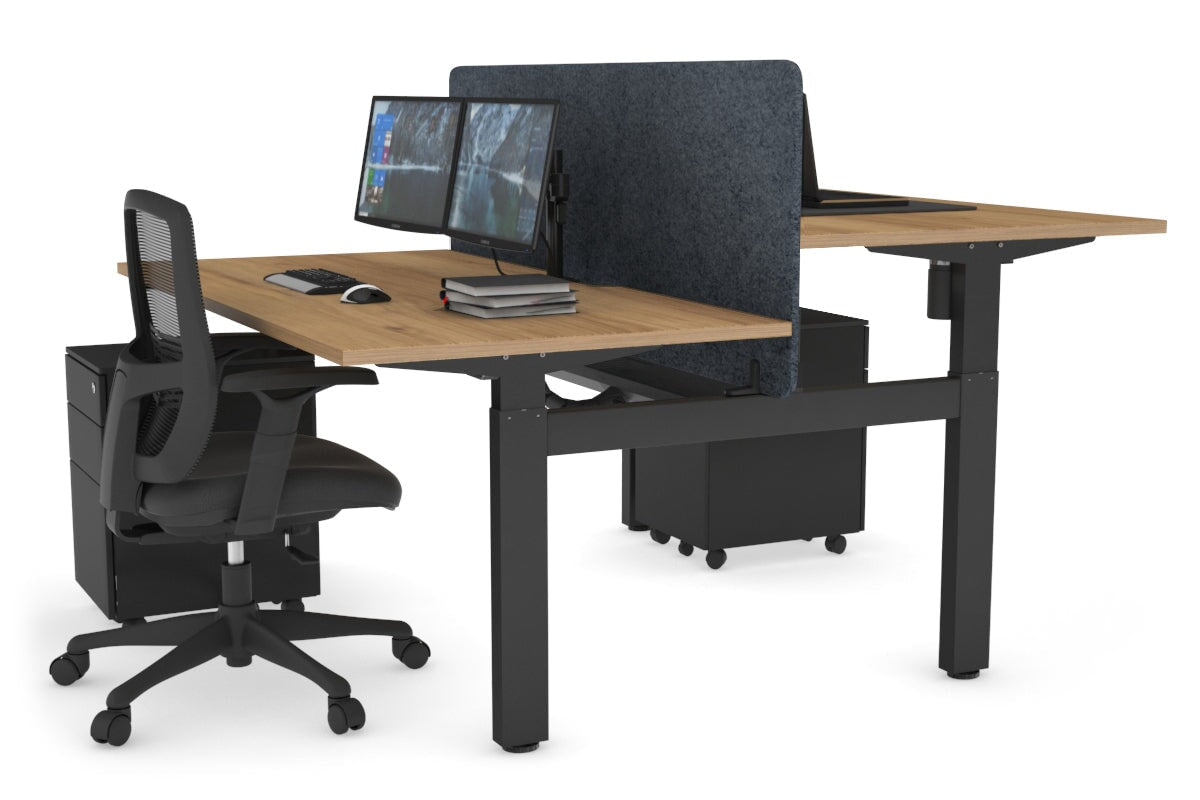 Just Right Height Adjustable 2 Person H-Bench Workstation - Black Frame [1200L x 800W with Cable Scallop] Jasonl salvage oak dark grey echo panel (820H x 1200W) black cable tray