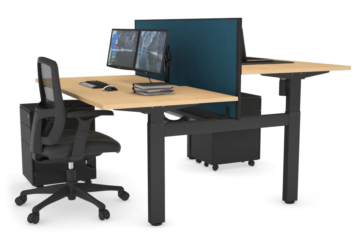 Just Right Height Adjustable 2 Person H-Bench Workstation - Black Frame [1200L x 800W with Cable Scallop] Jasonl maple deep blue (820H x 1200W) black cable tray
