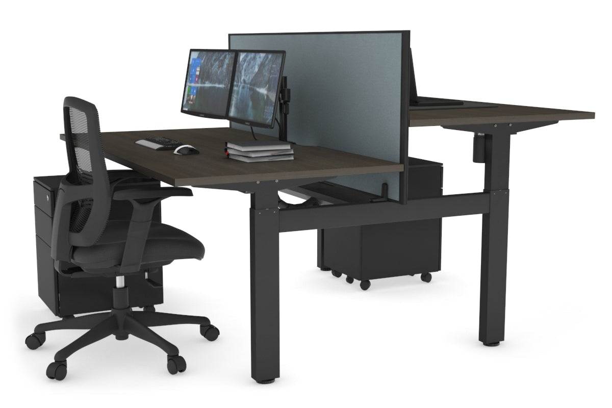 Just Right Height Adjustable 2 Person H-Bench Workstation - Black Frame [1200L x 800W with Cable Scallop] Jasonl dark oak cool grey (820H x 1200W) black cable tray