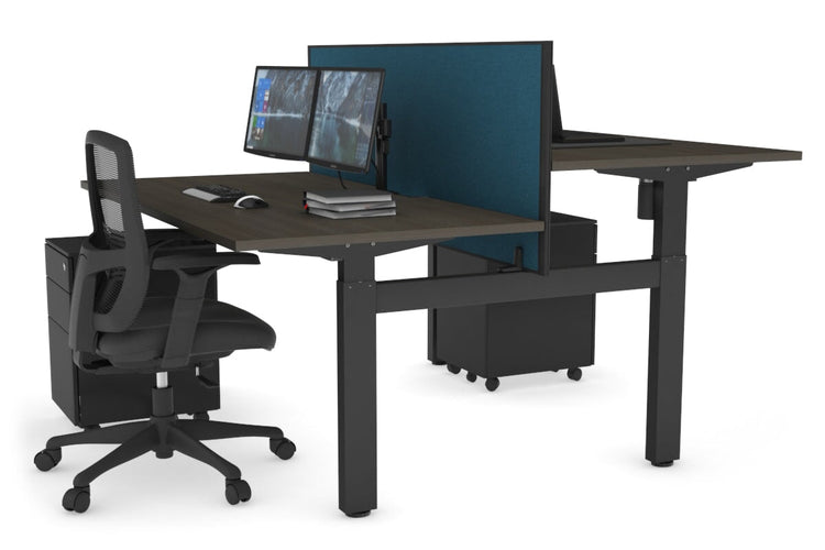 Just Right Height Adjustable 2 Person H-Bench Workstation - Black Frame [1200L x 800W with Cable Scallop] Jasonl dark oak deep blue (820H x 1200W) none