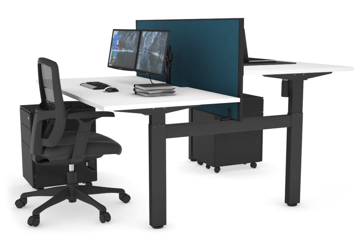 Just Right Height Adjustable 2 Person H-Bench Workstation - Black Frame [1200L x 800W with Cable Scallop] Jasonl white deep blue (820H x 1200W) none