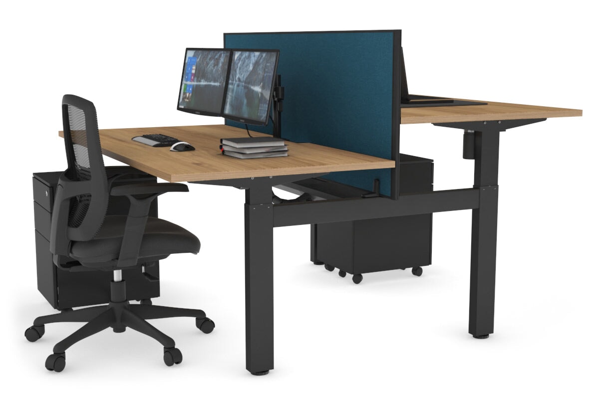 Just Right Height Adjustable 2 Person H-Bench Workstation - Black Frame [1200L x 800W with Cable Scallop] Jasonl salvage oak deep blue (820H x 1200W) black cable tray