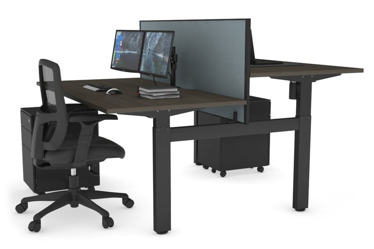 Just Right Height Adjustable 2 Person H-Bench Workstation - Black Frame [1200L x 800W with Cable Scallop] Jasonl dark oak cool grey (820H x 1200W) none