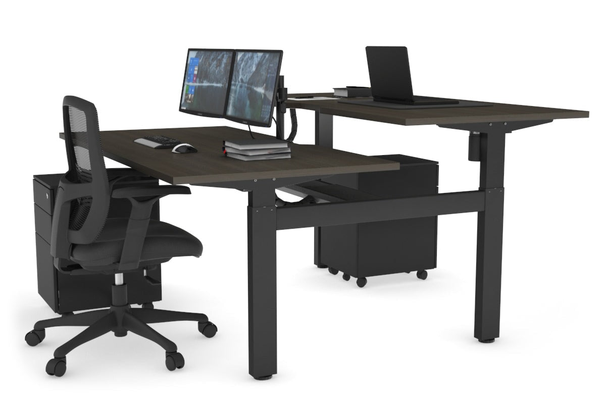 Just Right Height Adjustable 2 Person H-Bench Workstation - Black Frame [1200L x 800W with Cable Scallop] Jasonl dark oak none black cable tray