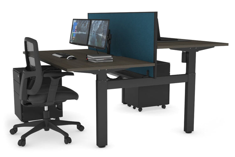 Just Right Height Adjustable 2 Person H-Bench Workstation - Black Frame [1200L x 800W with Cable Scallop] Jasonl dark oak deep blue (820H x 1200W) black cable tray