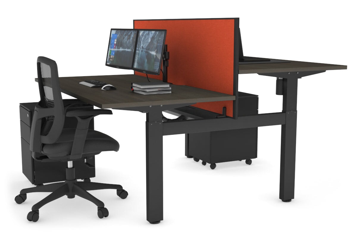 Just Right Height Adjustable 2 Person H-Bench Workstation - Black Frame [1200L x 800W with Cable Scallop] Jasonl dark oak squash orange (820H x 1200W) black cable tray