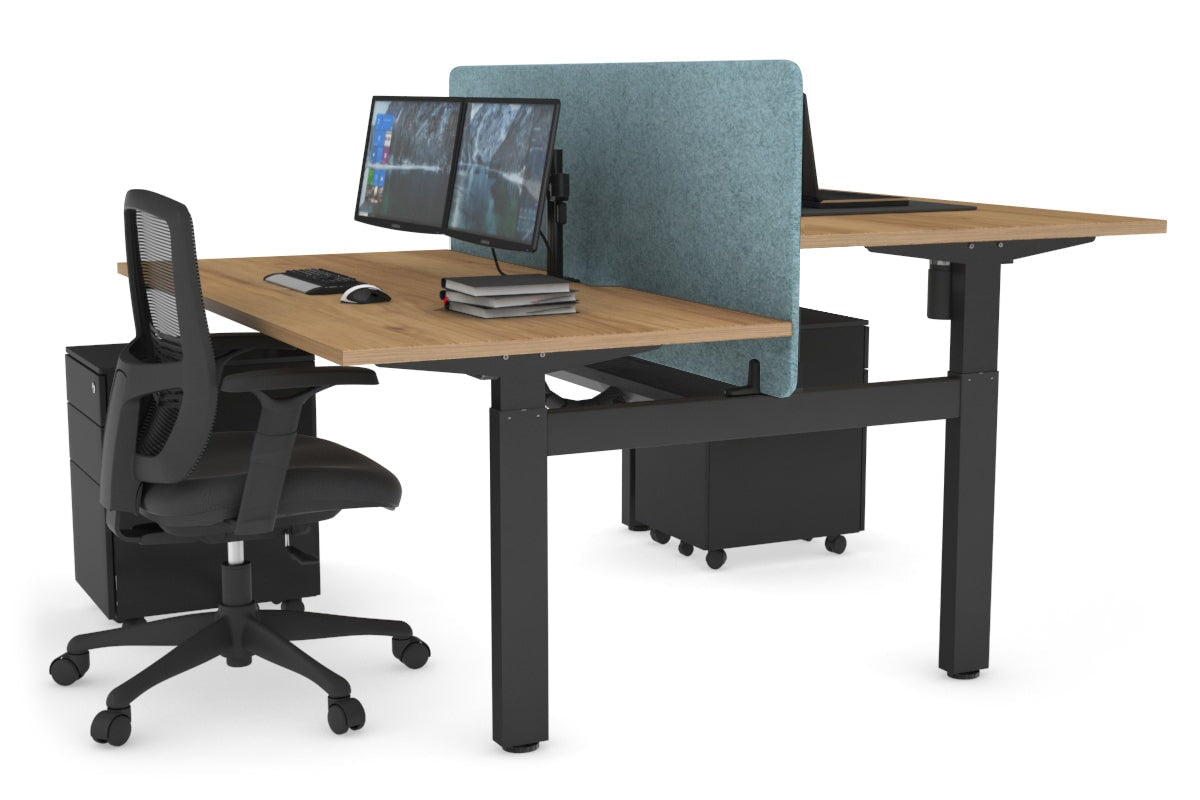 Just Right Height Adjustable 2 Person H-Bench Workstation - Black Frame [1200L x 800W with Cable Scallop] Jasonl salvage oak blue echo panel (820H x 1200W) black cable tray
