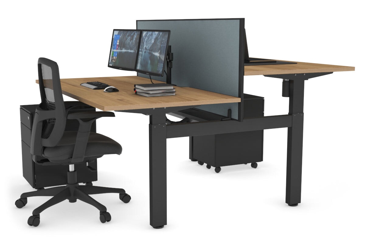 Just Right Height Adjustable 2 Person H-Bench Workstation - Black Frame [1200L x 800W with Cable Scallop] Jasonl salvage oak cool grey (820H x 1200W) black cable tray