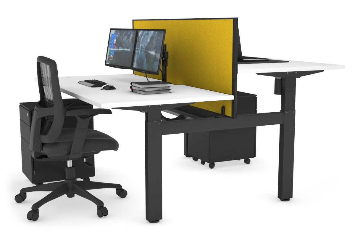 Just Right Height Adjustable 2 Person H-Bench Workstation - Black Frame [1200L x 800W with Cable Scallop] Jasonl white mustard yellow (820H x 1200W) black cable tray