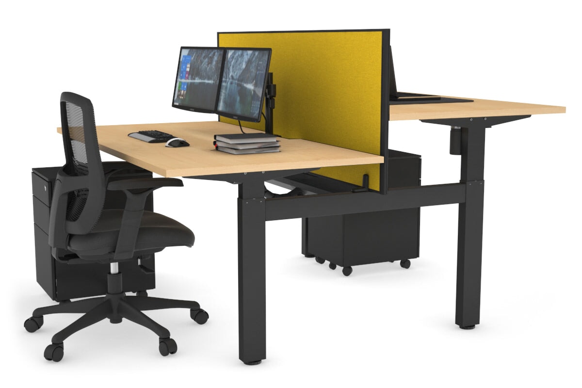 Just Right Height Adjustable 2 Person H-Bench Workstation - Black Frame [1200L x 800W with Cable Scallop] Jasonl maple mustard yellow (820H x 1200W) black cable tray