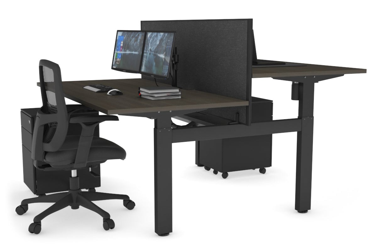 Just Right Height Adjustable 2 Person H-Bench Workstation - Black Frame [1200L x 800W with Cable Scallop] Jasonl dark oak moody charcoal (820H x 1200W) black cable tray