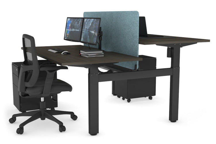 Just Right Height Adjustable 2 Person H-Bench Workstation - Black Frame [1400L x 800W with Cable Scallop] Jasonl dark oak blue echo panel (820H x 1200W) black cable tray