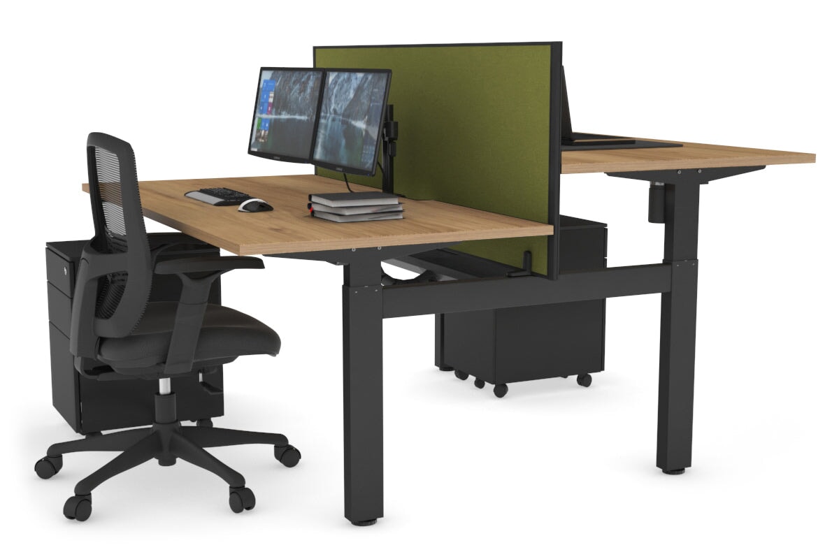 Just Right Height Adjustable 2 Person H-Bench Workstation - Black Frame [1400L x 800W with Cable Scallop] Jasonl salvage oak green moss (820H x 1400W) black cable tray