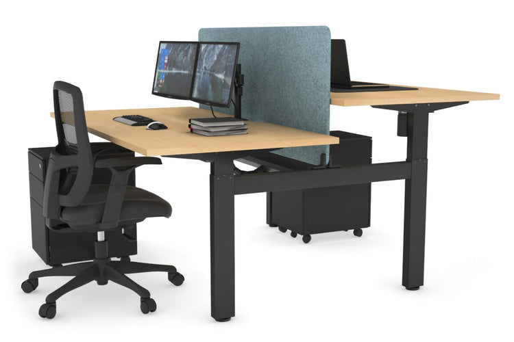 Just Right Height Adjustable 2 Person H-Bench Workstation - Black Frame [1400L x 800W with Cable Scallop] Jasonl maple blue echo panel (820H x 1200W) black cable tray