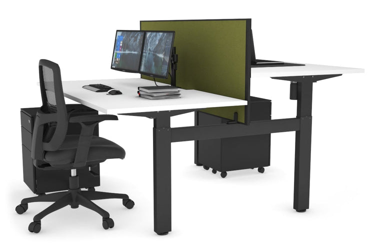 Just Right Height Adjustable 2 Person H-Bench Workstation - Black Frame [1400L x 800W with Cable Scallop] Jasonl white green moss (820H x 1400W) none