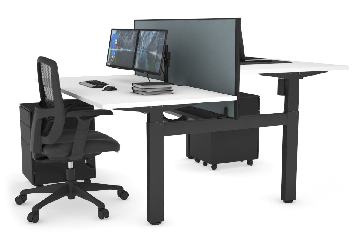 Just Right Height Adjustable 2 Person H-Bench Workstation - Black Frame [1400L x 800W with Cable Scallop] Jasonl white cool grey (820H x 1400W) black cable tray