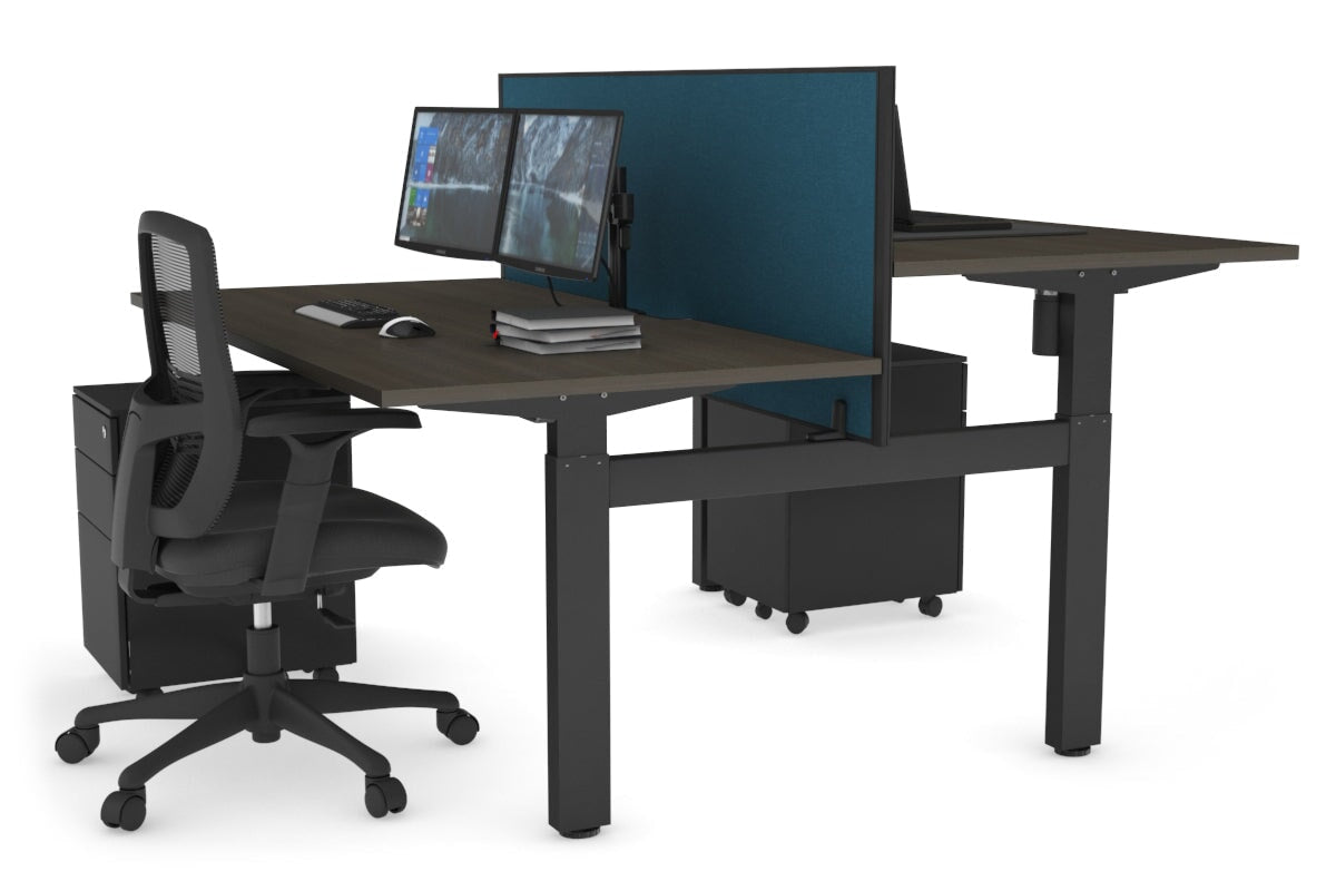 Just Right Height Adjustable 2 Person H-Bench Workstation - Black Frame [1400L x 800W with Cable Scallop] Jasonl dark oak deep blue (820H x 1400W) none