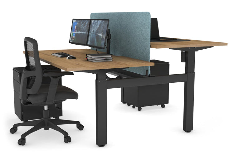 Just Right Height Adjustable 2 Person H-Bench Workstation - Black Frame [1400L x 800W with Cable Scallop] Jasonl salvage oak blue echo panel (820H x 1200W) black cable tray