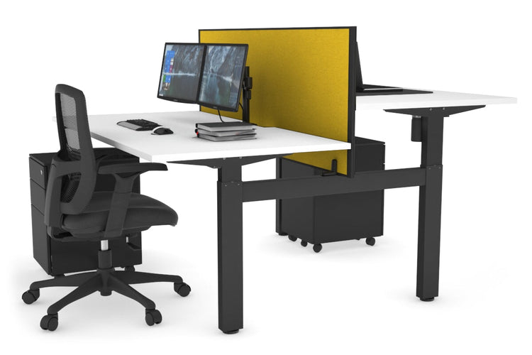 Just Right Height Adjustable 2 Person H-Bench Workstation - Black Frame [1400L x 800W with Cable Scallop] Jasonl white mustard yellow (820H x 1400W) none