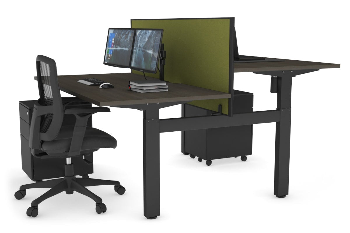 Just Right Height Adjustable 2 Person H-Bench Workstation - Black Frame [1400L x 800W with Cable Scallop] Jasonl dark oak green moss (820H x 1400W) none
