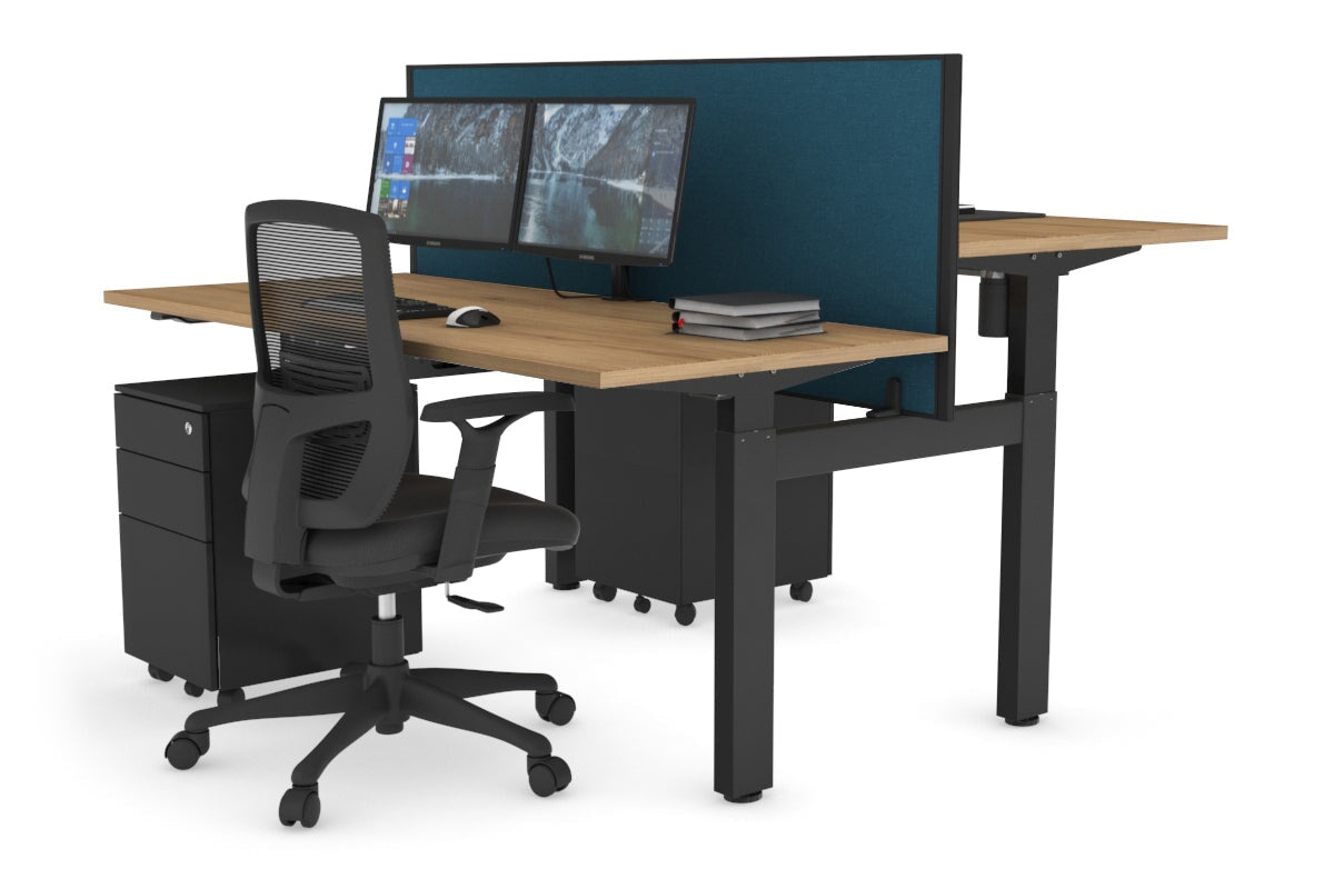 Just Right Height Adjustable 2 Person H-Bench Workstation - Black Frame [1600L x 700W] Jasonl salvage oak deep blue (820H x 1600W) none
