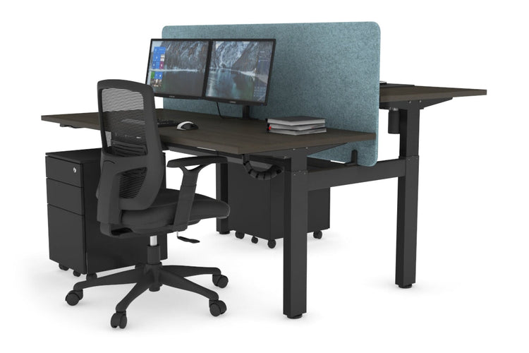 Just Right Height Adjustable 2 Person H-Bench Workstation - Black Frame [1600L x 700W] Jasonl dark oak blue echo panel (820H x 1600W) black cable tray