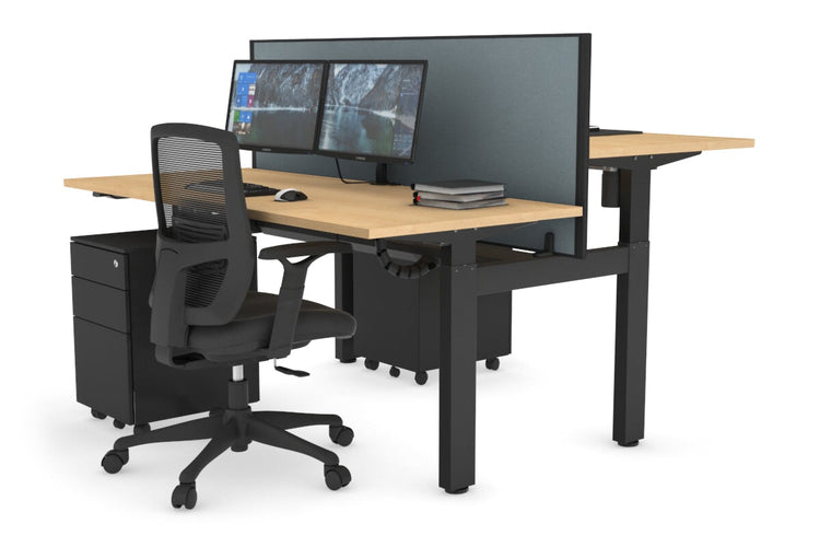Just Right Height Adjustable 2 Person H-Bench Workstation - Black Frame [1600L x 700W] Jasonl maple cool grey (820H x 1600W) black cable tray