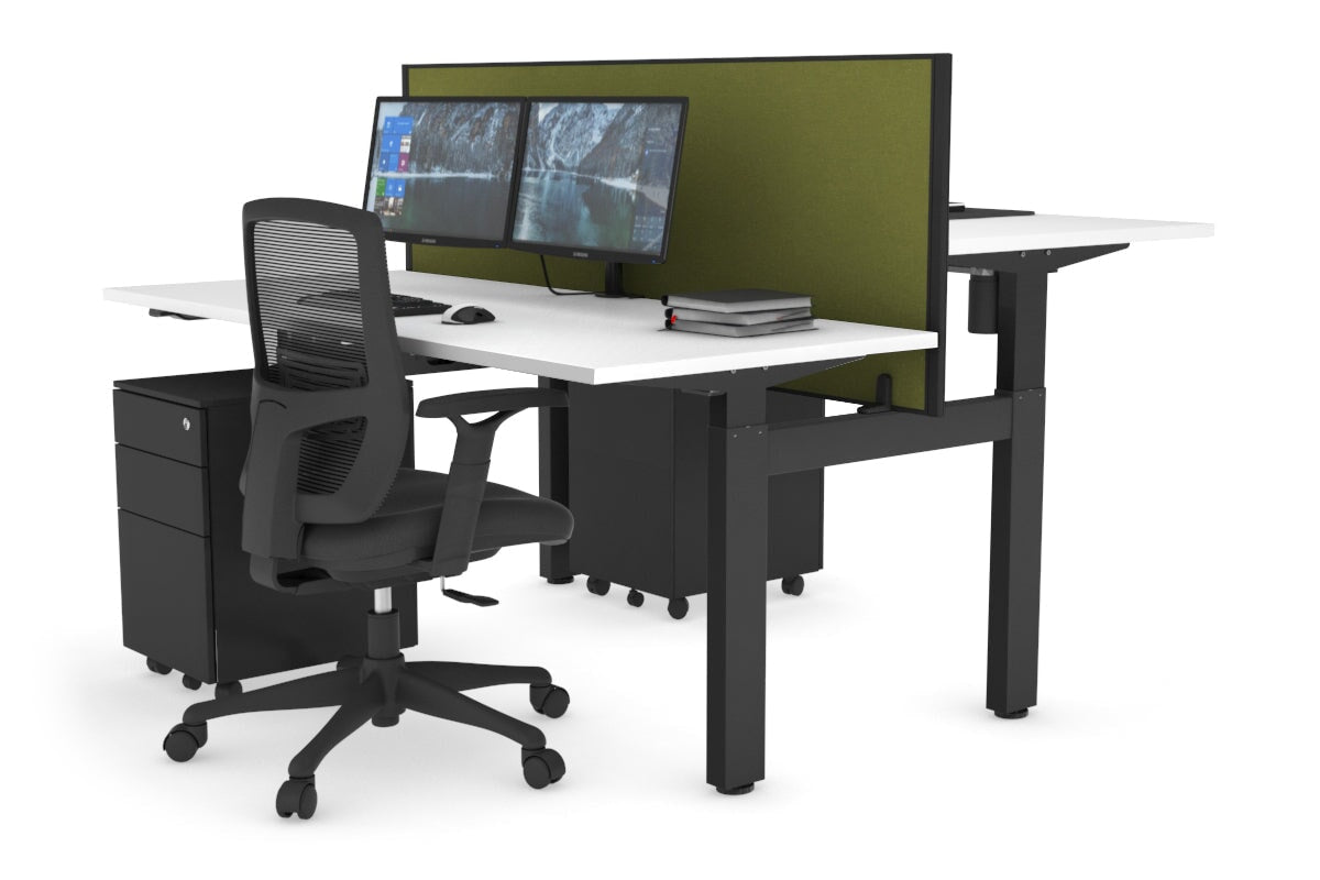 Just Right Height Adjustable 2 Person H-Bench Workstation - Black Frame [1600L x 700W] Jasonl white green moss (820H x 1600W) none