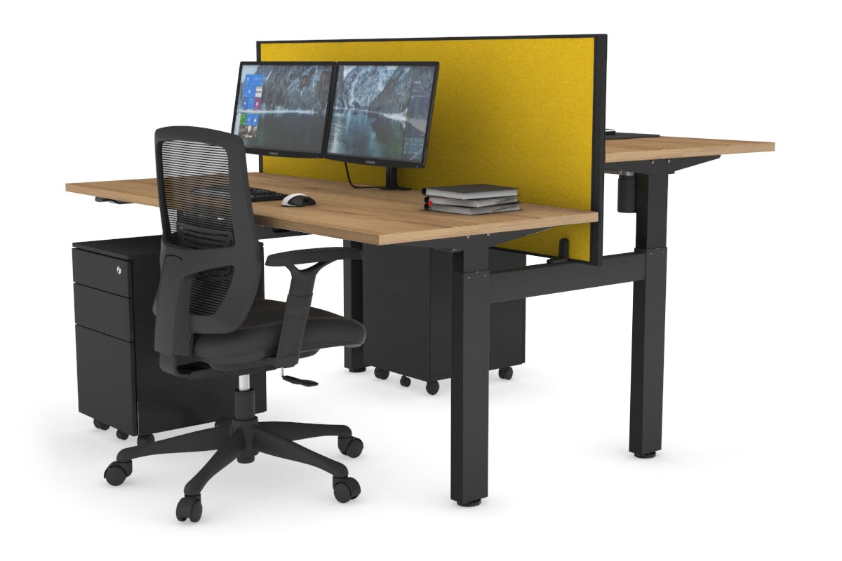 Just Right Height Adjustable 2 Person H-Bench Workstation - Black Frame [1600L x 700W] Jasonl salvage oak mustard yellow (820H x 1600W) none