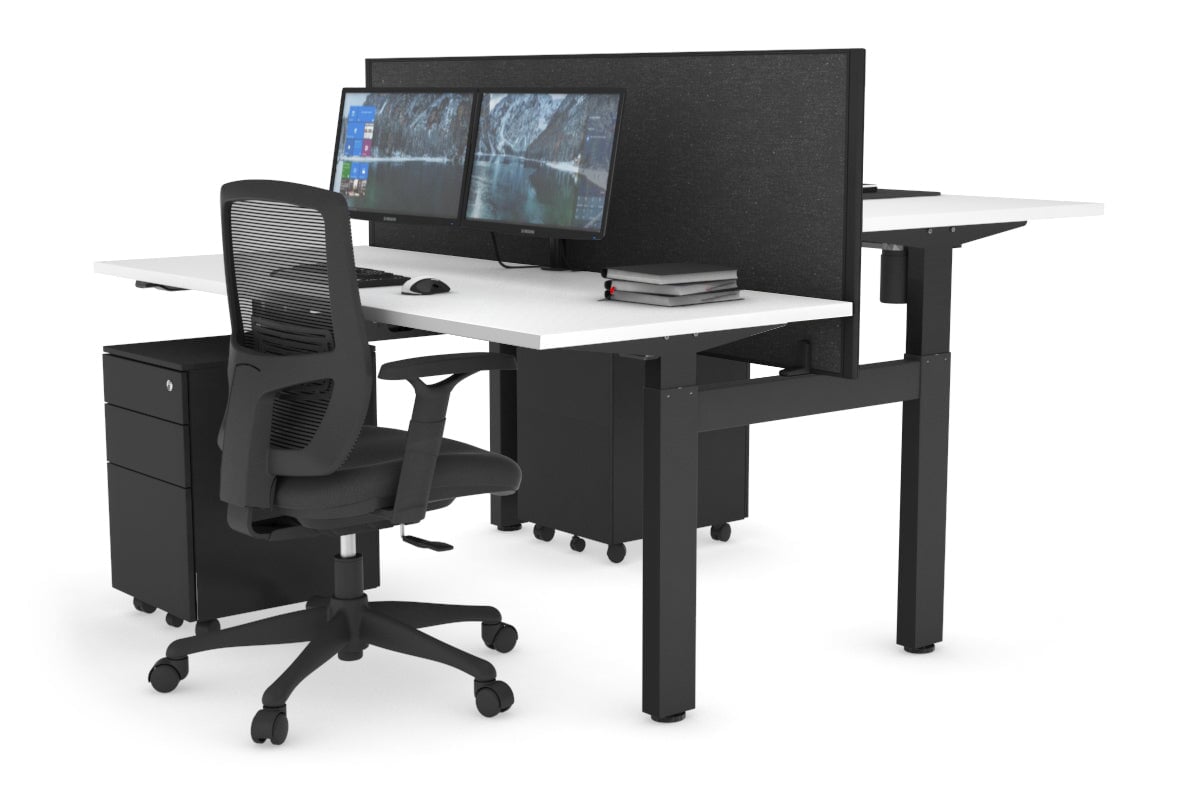 Just Right Height Adjustable 2 Person H-Bench Workstation - Black Frame [1600L x 700W] Jasonl white moody charcoal (820H x 1600W) none