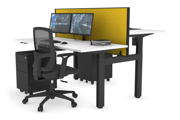 Just Right Height Adjustable 2 Person H-Bench Workstation - Black Frame [1600L x 700W] Jasonl white mustard yellow (820H x 1600W) none